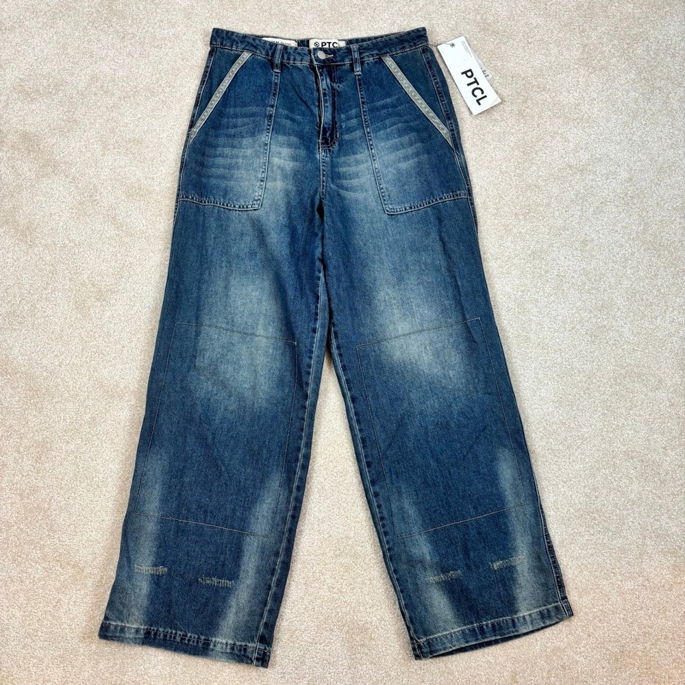 PTCL Ethikal Brand Wide Leg Jeans Size 29 Blue High Rise Patch Pocket Distressed